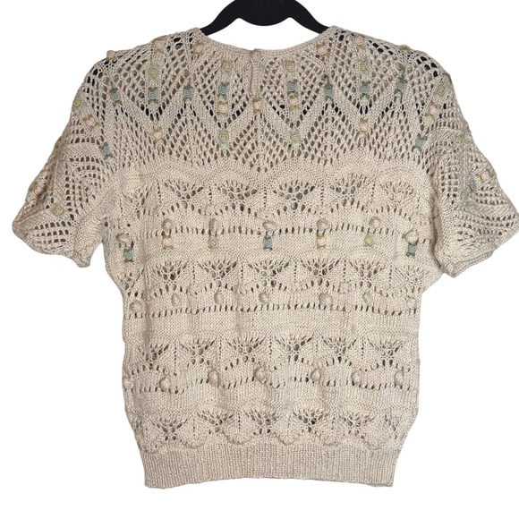 Vintage Handmade Pointelle Knit Short Sleeve Sweater M Openwork Cottage Rosettes - Picture 3 of 13